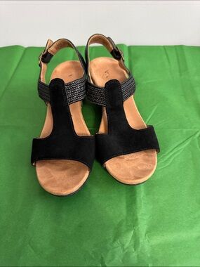 Women’s Black Suede T-Strap Comfort Sandals